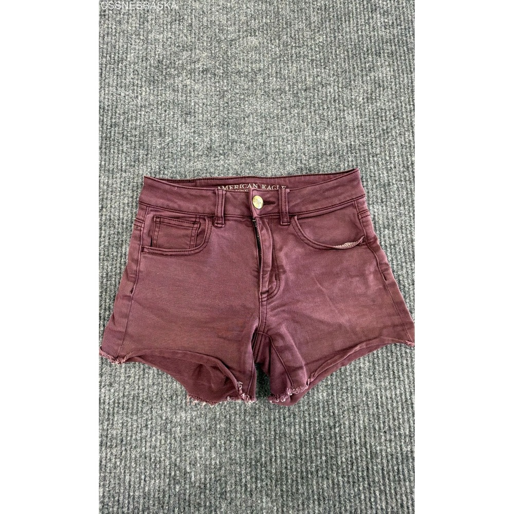 American Eagle Women's Hi-Rise Shortie Shorts Burgundy Super Stretch‎ Denim X 00